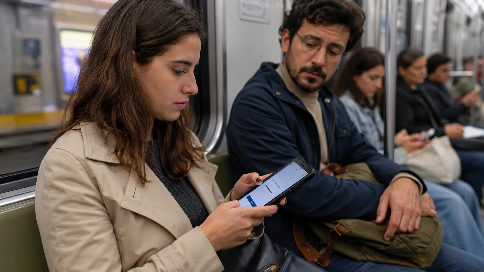 Personas usando un teléfono móvil en el transporte público