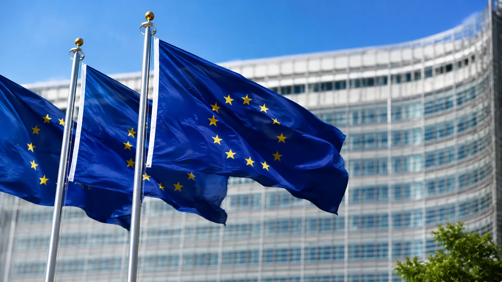 Banderas de la Unión Europea ante un edificio institucional
